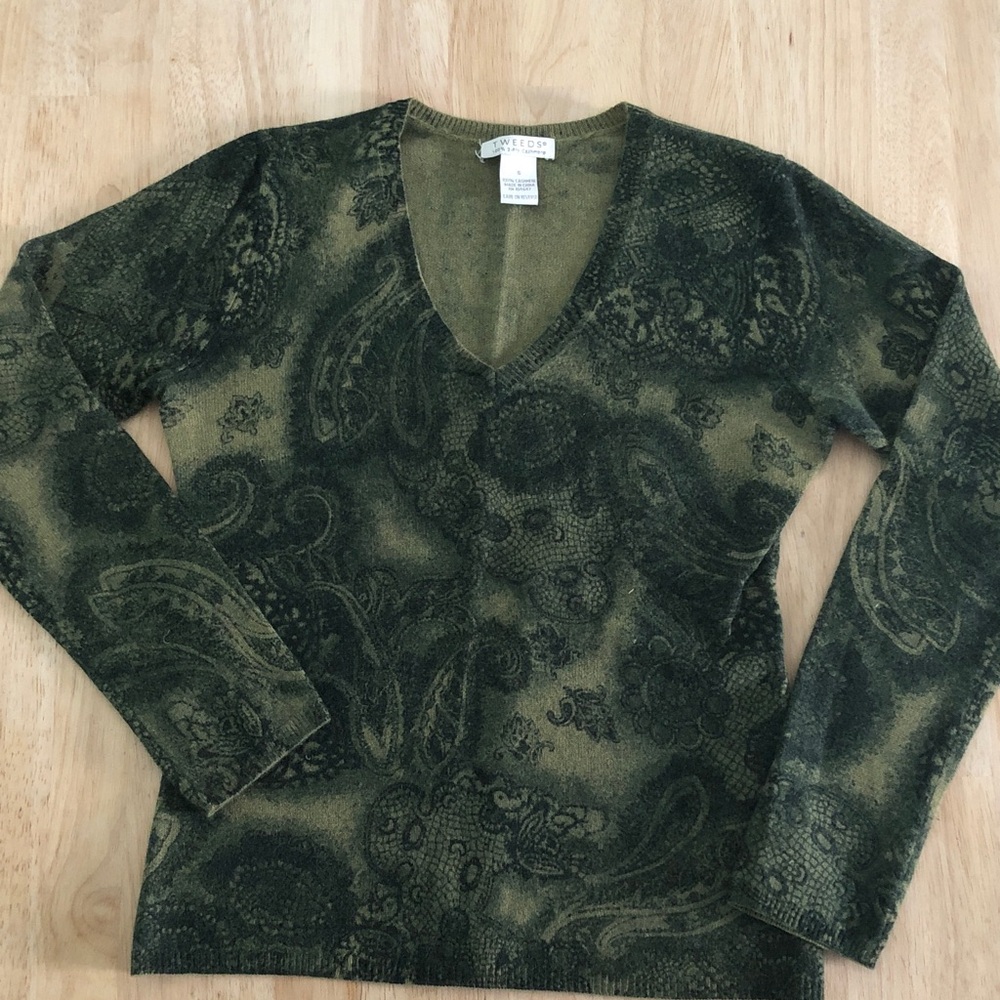Coldwater Creek Olive Paisley V-Neck Sweater